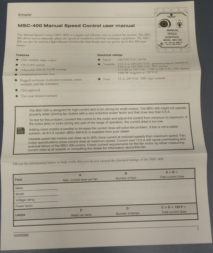 Schaefer Manual Variable Speed Fan Control, 115/230 volt. model MSC-400