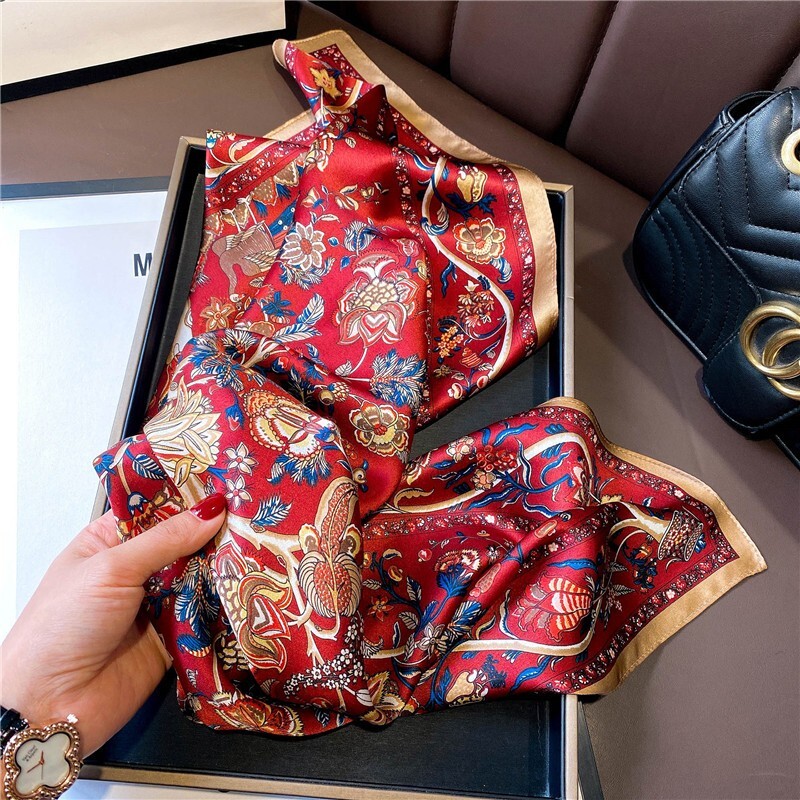 100% Mulberry Silk 27" Square Scarf Women Neckerchief Wrap Vintage Red Flower