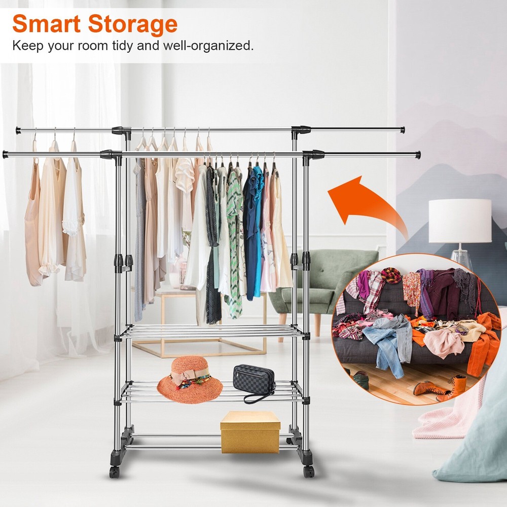 3 Tier Double Rolling Rail Garment Hanging Rack Adjustable Clothes Rack Hanger