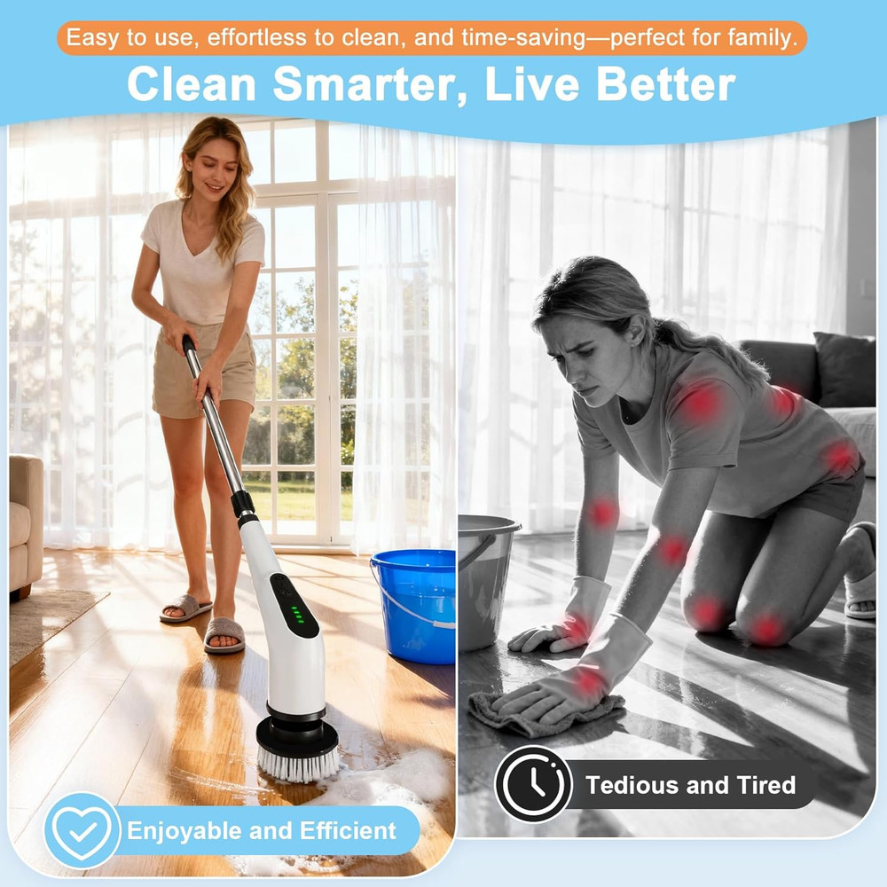 Electric Spin Scrubber, Cordless Cleaning Brush with 8 Replaceable Brush Heads,