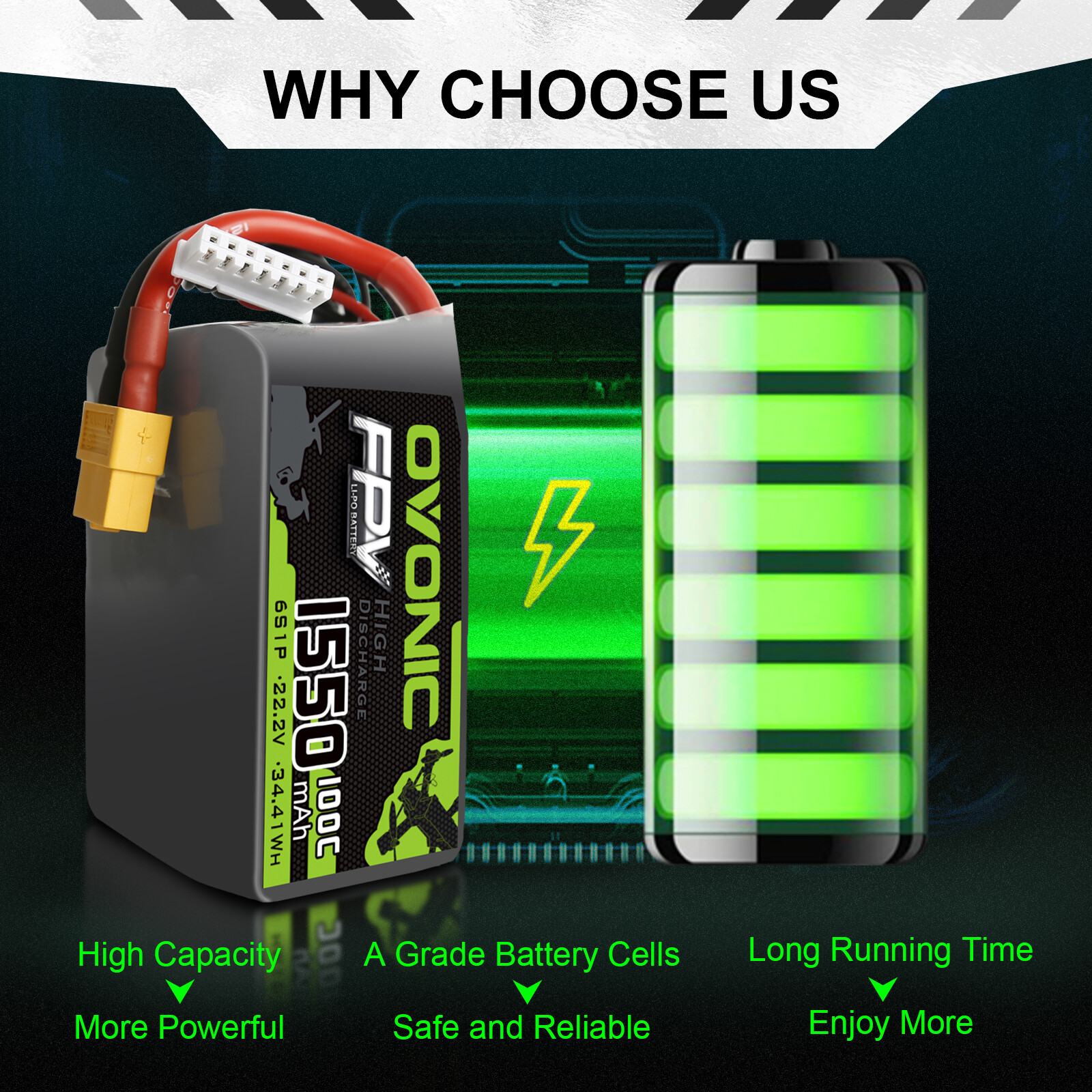 OVONIC 100C 22.2V 1550mAh 6S Lipo Battery XT60 Plug For FPV RC Drone Quad Vortex