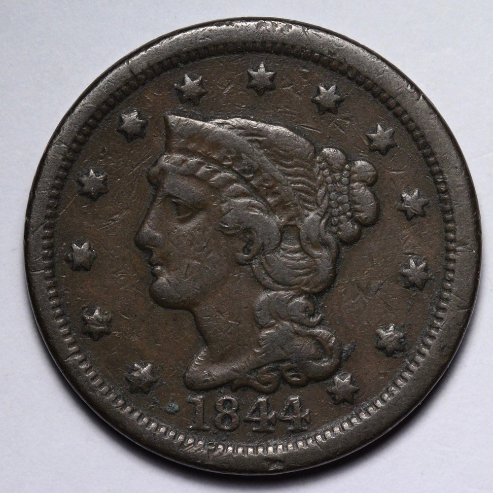 1844 Braided Hair Large Cent VF E123 SKNM