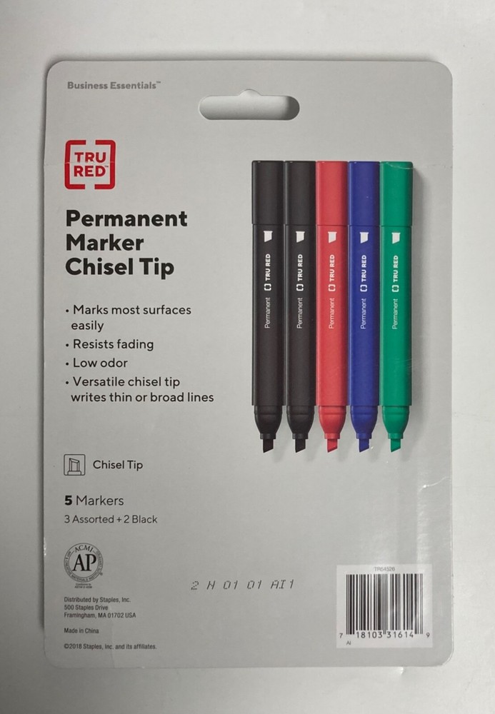 TR54526 TRU RED PERMANENT MARKER CHISEL TIP (5 MARKERS: 3 ASSORTED + 2 BLACK)
