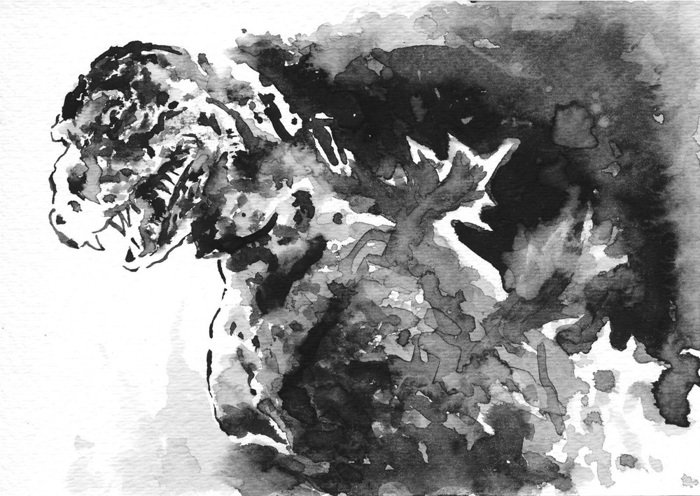 Godzilla watercolor portrait, 5"x7" print