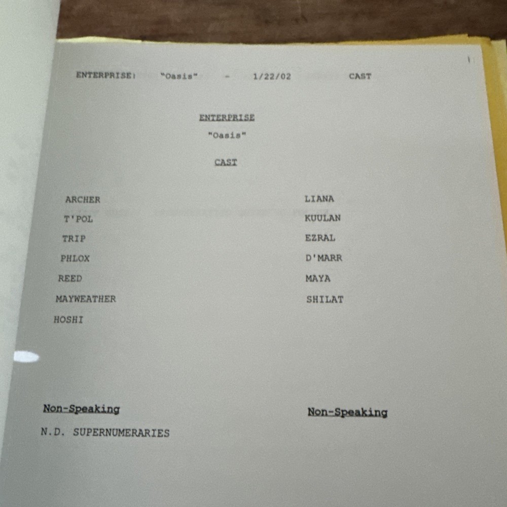 Original Cast Used Star Trek Enterprise Production Script “Oasis” 2002