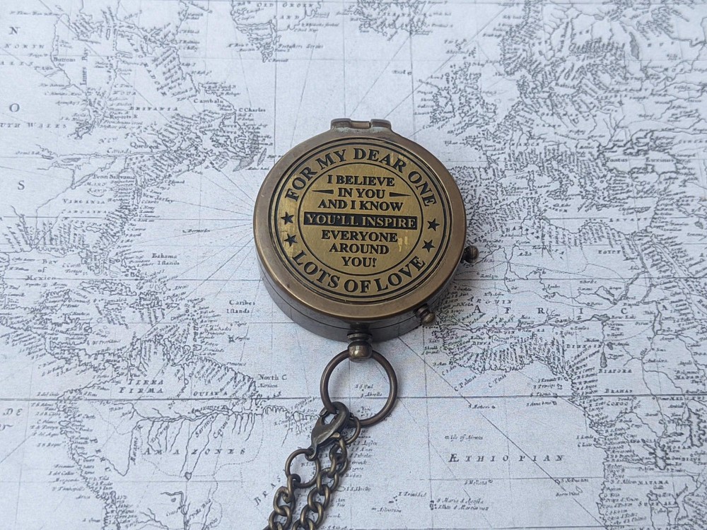 Personalized Brass Compass Locket | Vintage Style, Leather Case