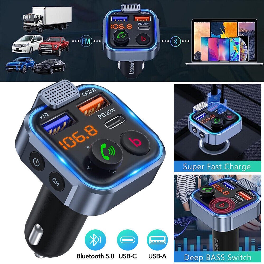 Wireless FM Transmitter Car Adapter Type-C PD 20W+ QC3.0 Fast USB Charger PD20W