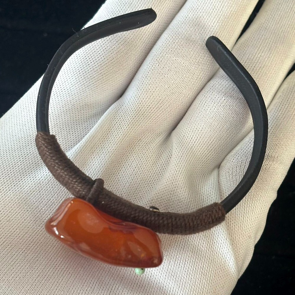 Wine Red Natural Baltic Amber Cuff Bracelet, Leather Bangle Size adjustable
