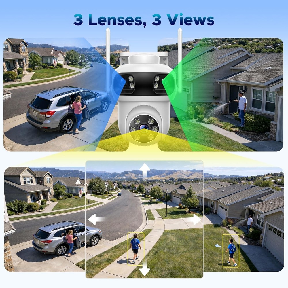 Wireless Security Camera System Outdoor Triple-Lens Security Cam Auto Tracking