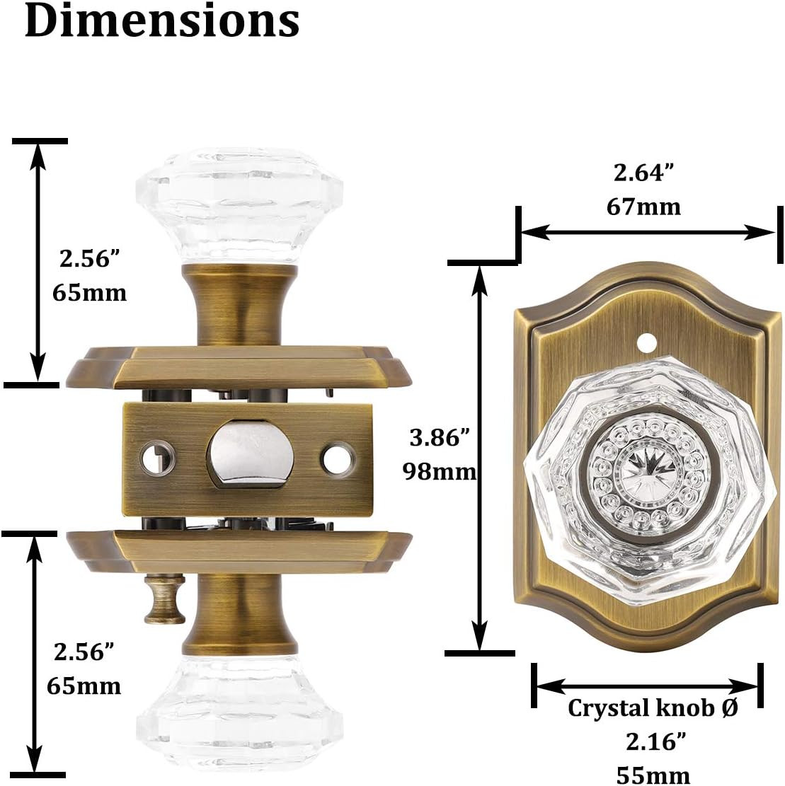 Antique Brass Door Locksets with Octagonal Crystal Knobs, 5 Pack