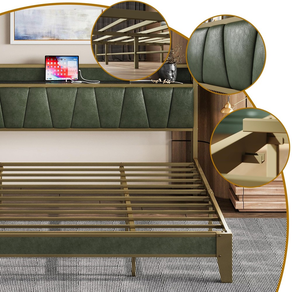 King Bed Frame, Storage Headboard with Charging Station, Solid and Stable, No...