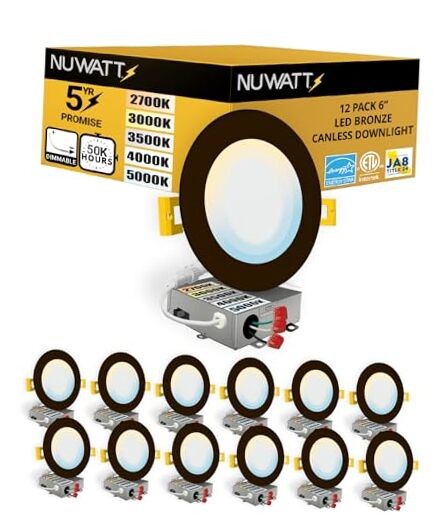 12 Pack 6 Inch Ultra-Thin Bronze LED Recessed Lighting, 5CCT