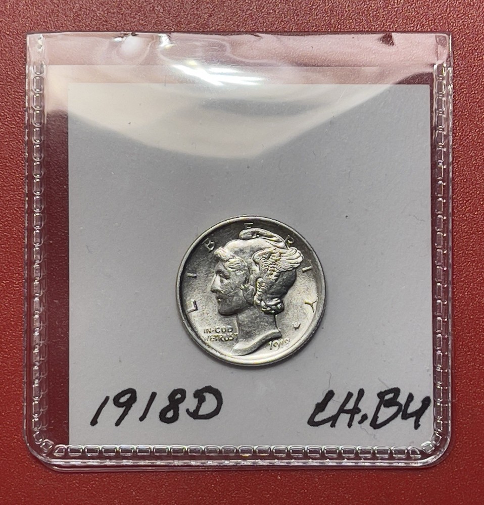 1918 D Mercury Silver Dime, Choice Uncirculated.