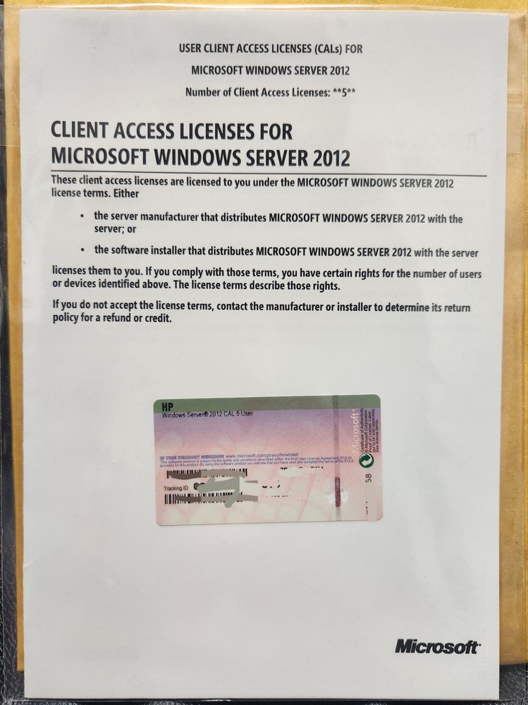 Windows Server 2012 USER CLIENT ACCESS LICENSE WITH TRACKING ID CAL CALs 5 USER