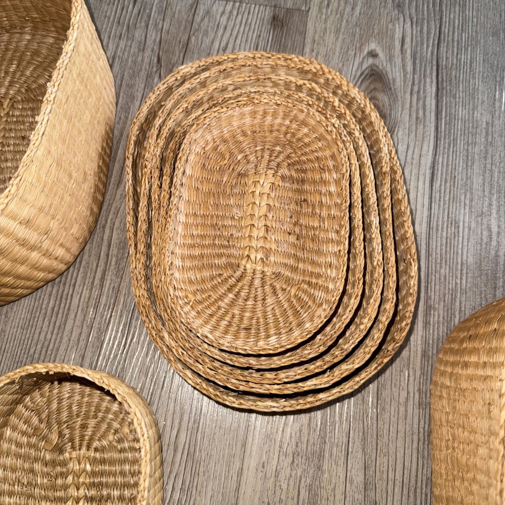 Vintage Nesting Basket Storage Trinket Box Set Oval w/Lids Sweetgrass Stackable