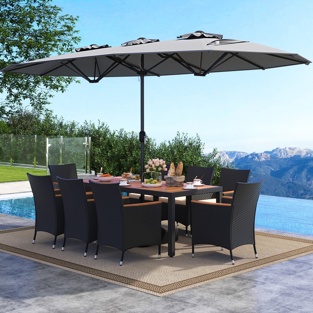 11 PCS Patio Wicker Dining Set w/Double-Sided Outdoor Umbrella 8 Stackable
