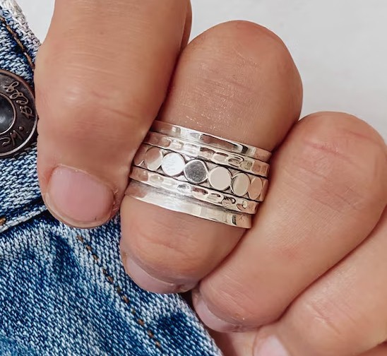 Solid 925Sterling Silver Spinner Wide Hammered Band Anxiety Fidget Handmade Ring