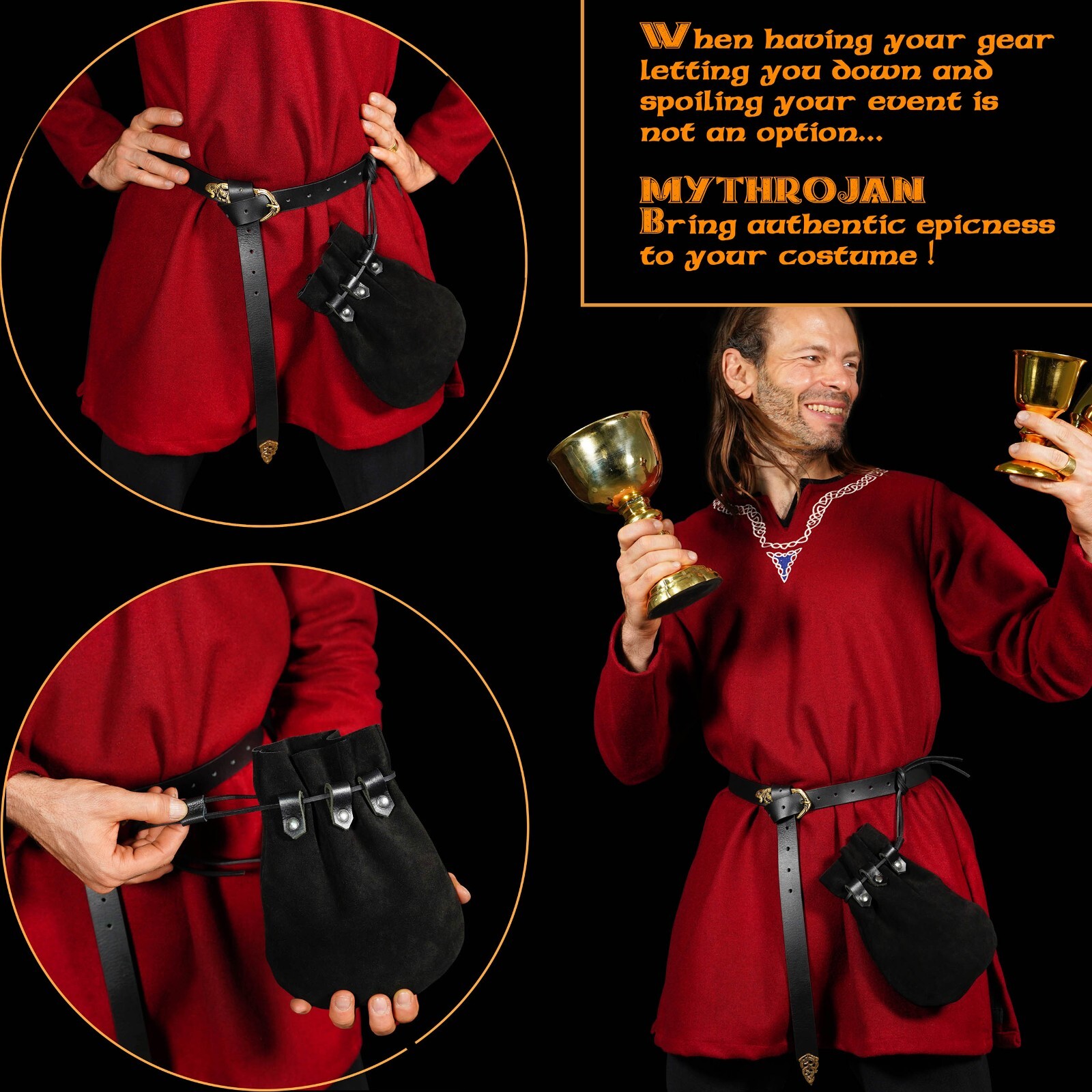 Medieval Drawstring Belt Pouch Renaissance Jewelry Bag Costume Accessory Black