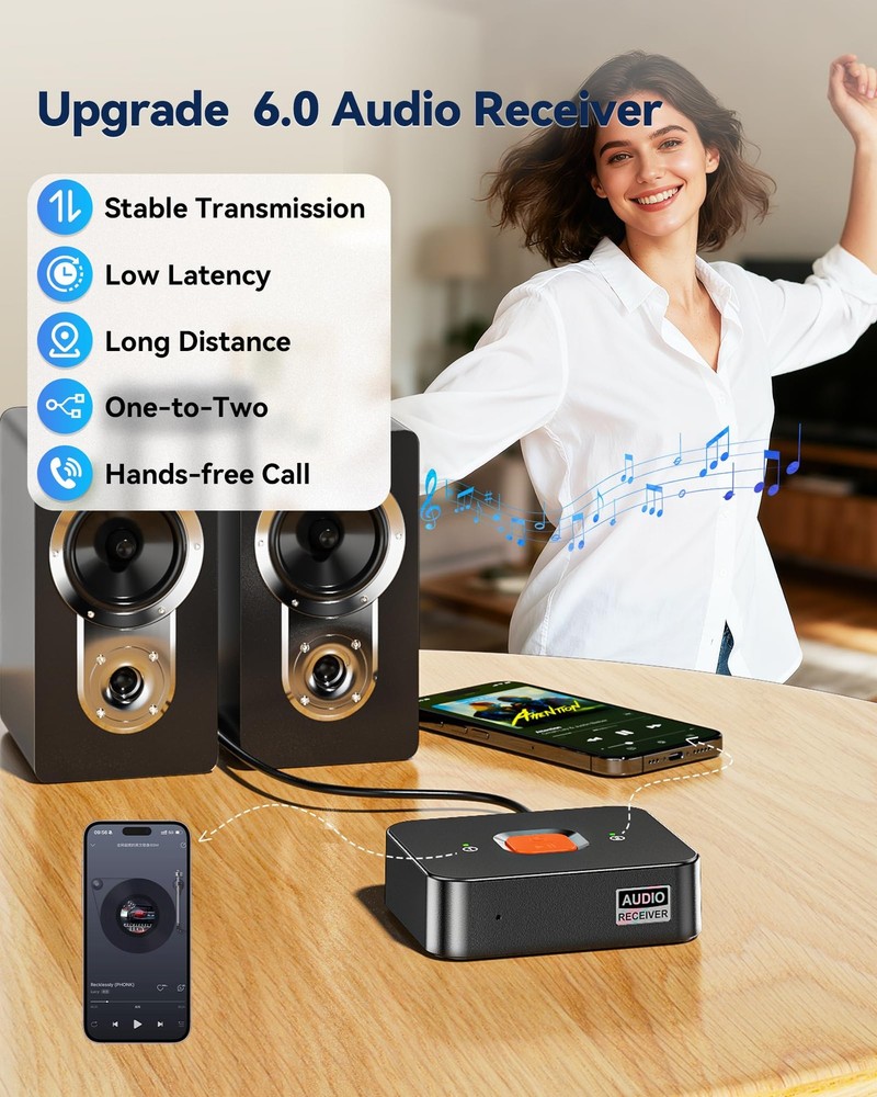 6.0 Bluetooth to RCA Adapter for Stereo Receiver-Long Range Low Latency Bluet...