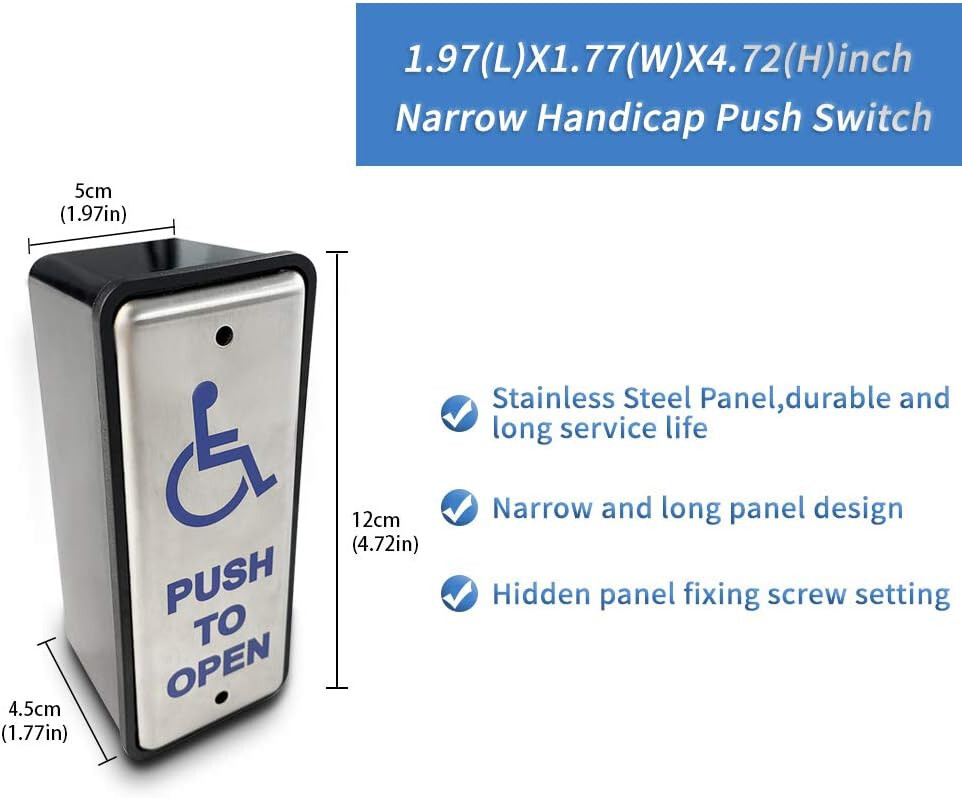 Handicapped Push Button for Automatic Door Opener,Single Narrow Wired Stainless