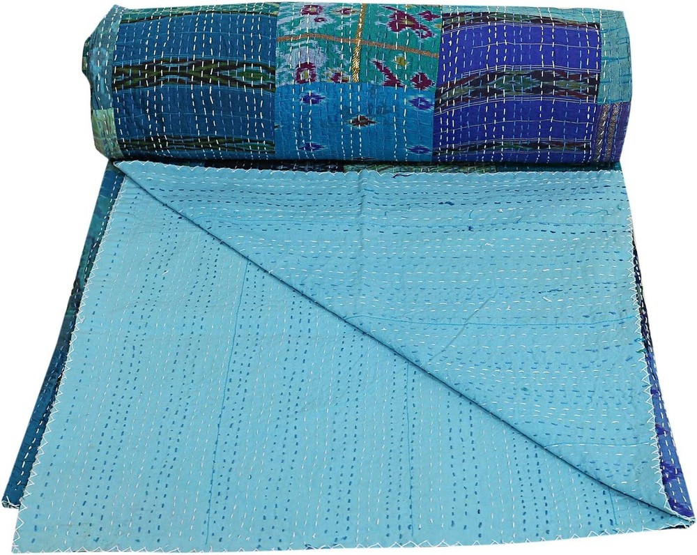 indian handmade kantha Quilt Patola Silk Patchwork Bedspread Blanket
