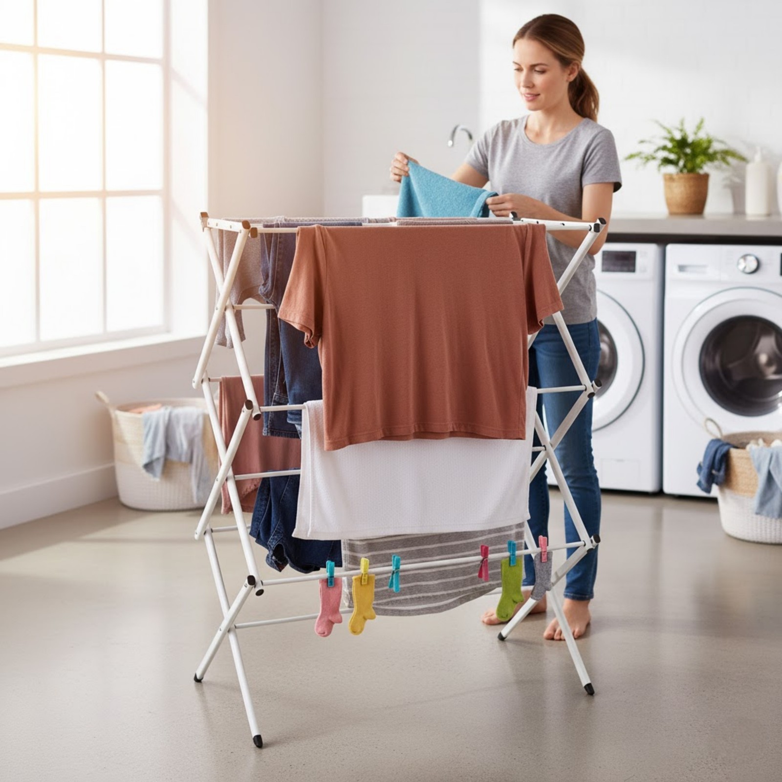 Clothes Drying Rack Portable Rack for Hanging and Air-Drying Laundry, White