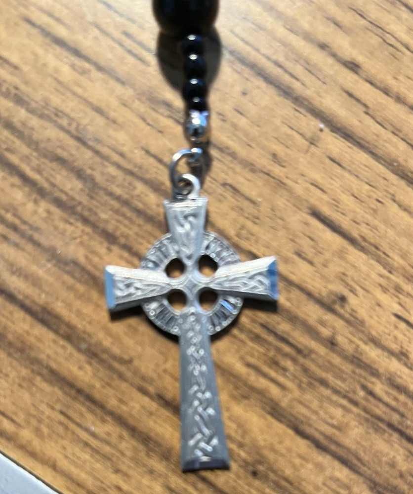 Purple & Black Agate Rosary with a 1.75 Celtic Pewter Cross L-J