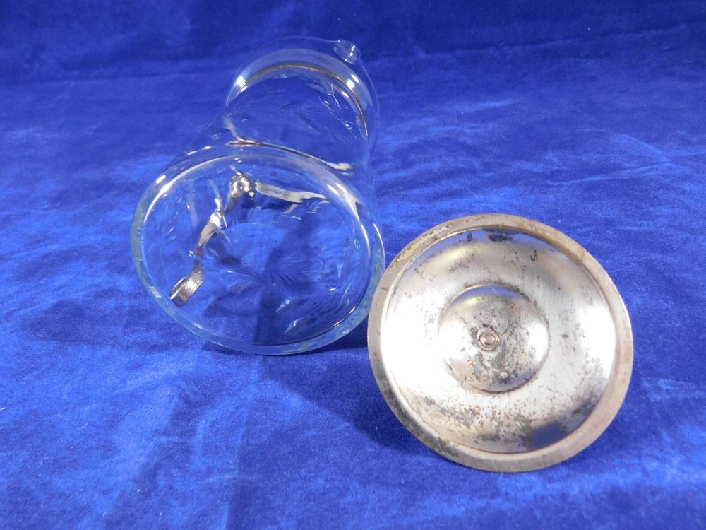 Vintage Crystal Etched Syrup Pitcher Silver Hand Made Handle