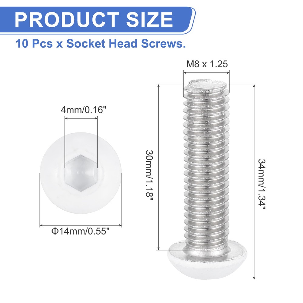 10 Pcs M8-1.25 x 30mm Button Head Socket Cap Screw Machine Screw, White