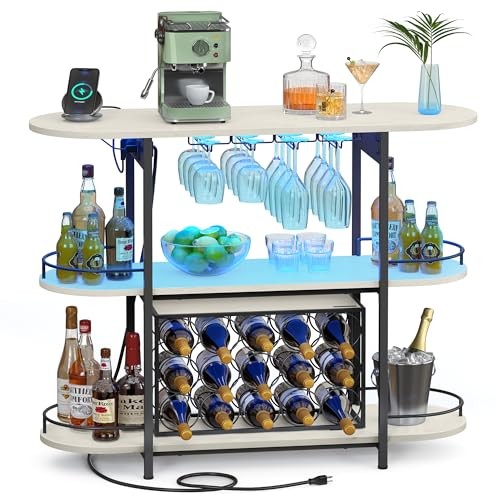Bar Cabinet with LED Lights and Power Outlets, Rustic White Rustic