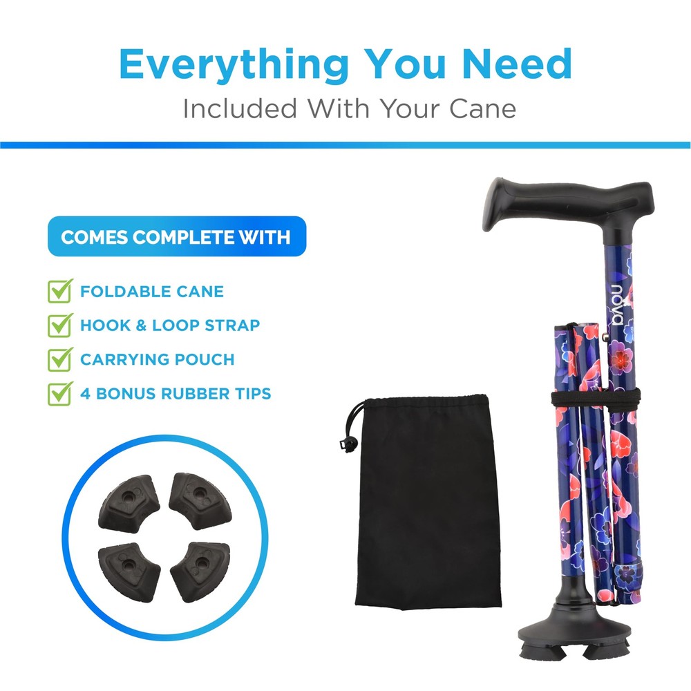 Foldable Quad Cane With Pivoting Tip Carry Pouch Self Standing Adjustable Maui
