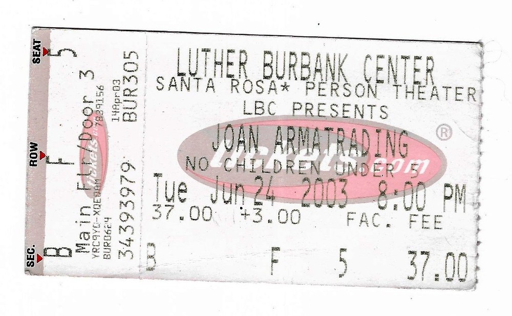Joan Armatrading 6/24/03 Santa Rosa CA Luther Burbank Center Rare Ticket Stub