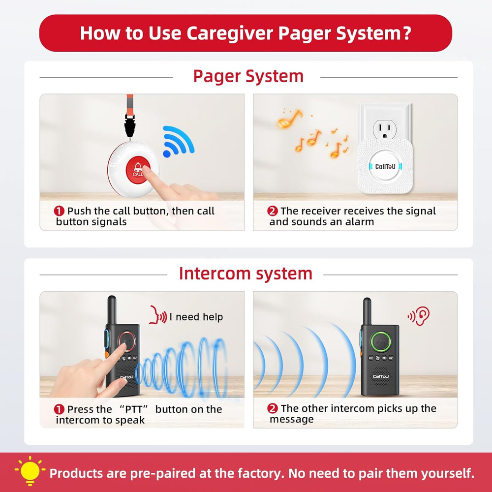 Caregiver Pager Wireless Alert Button Home Intercom System Long Range 2 Way Radi