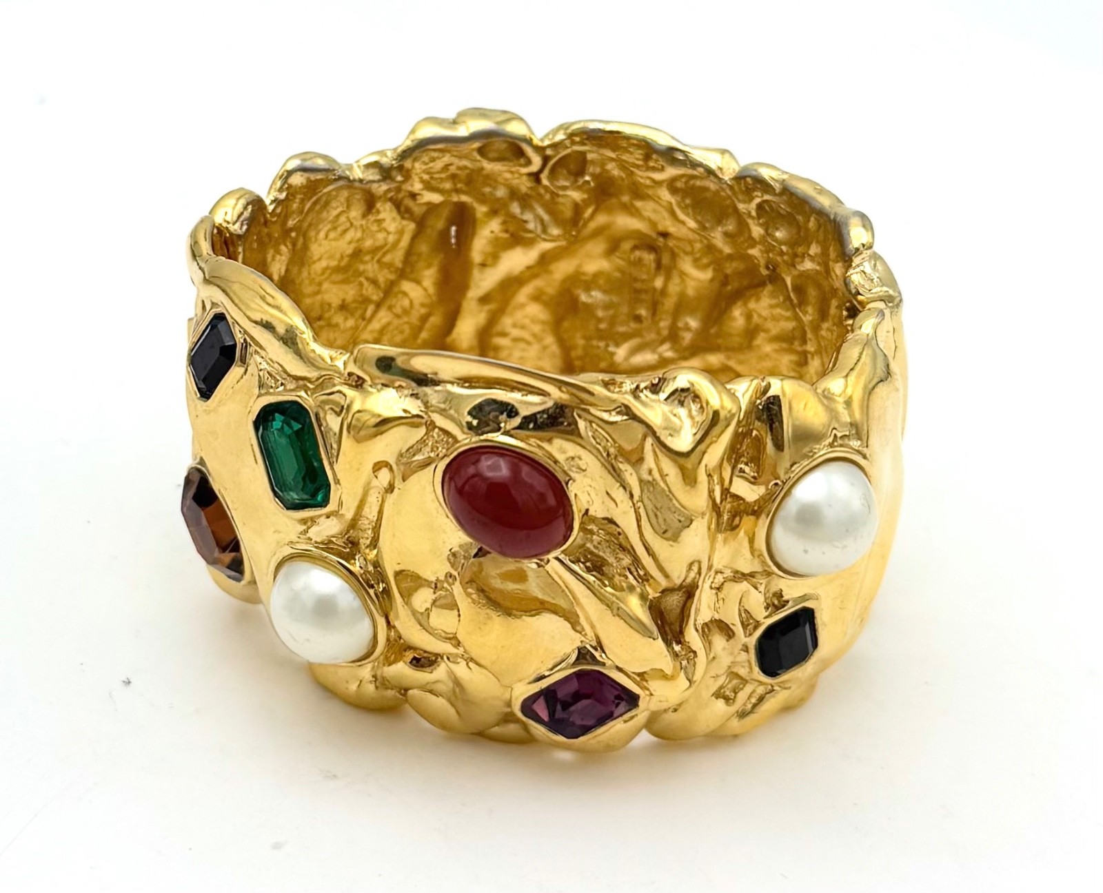 Vintage Ciner Mogul Gold Tone Pearl Gemstone Heavy Clamper Statement Bracelet