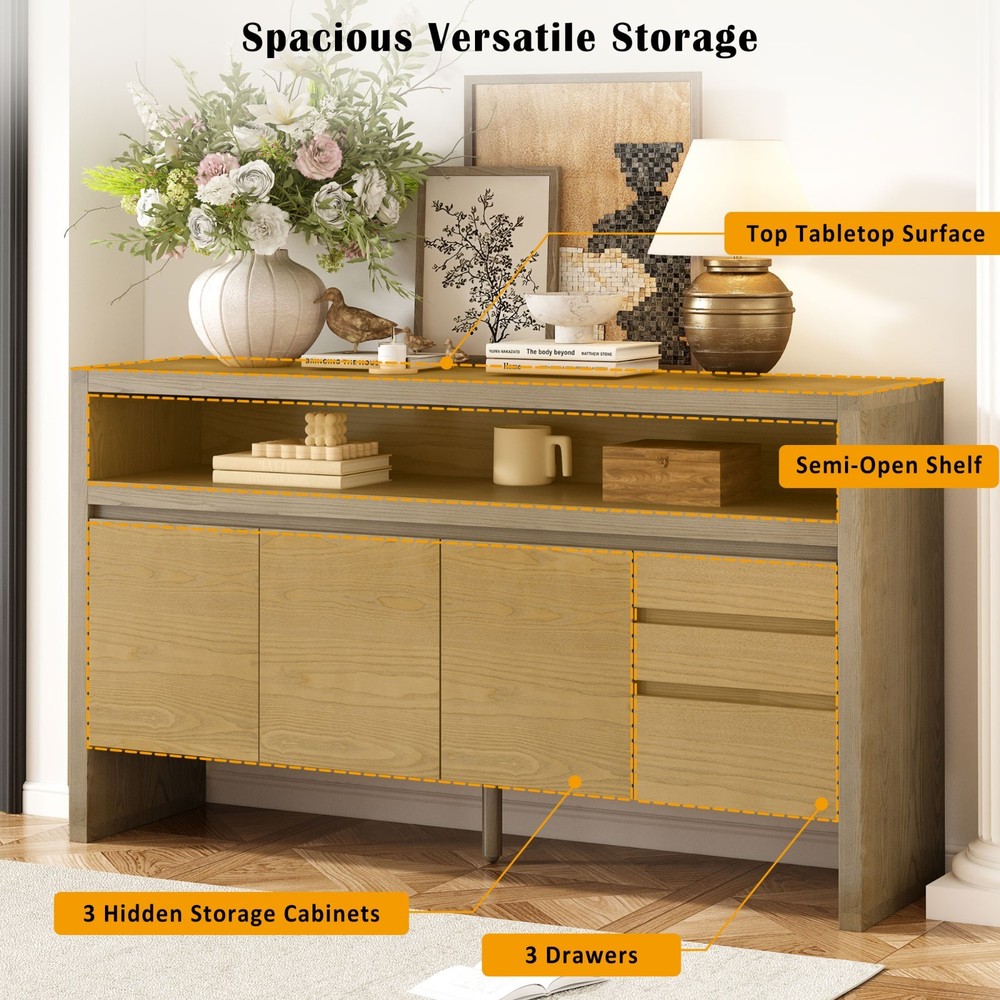 60" Modern Solid Ash Veneer Sideboard (3 Doors+3 Drawers, Semi-Open Shelf