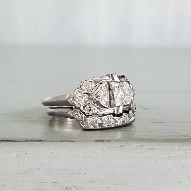 Art Deco Style Lab Created Diamond 14K White Gold FN Engagement Bridal Ring Set