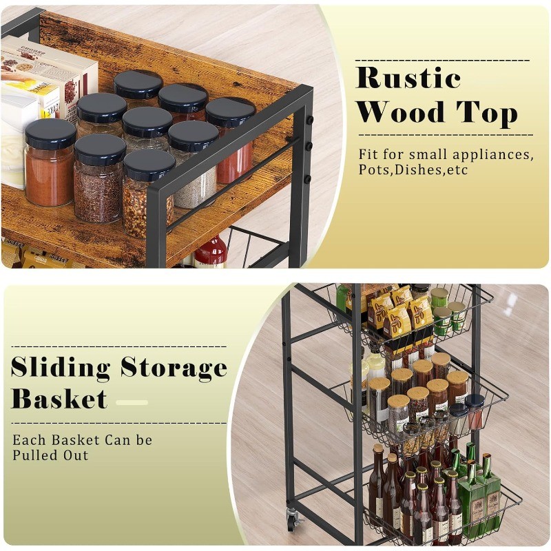 4-Tier Kitchen Rolling Storage Cart w/Pull-Out Baskets Microwave Table Stand