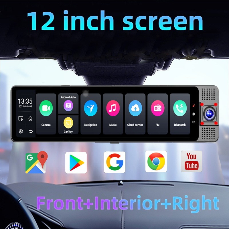 3 Channel 12"Car Rearview Mirror Dash Cam 4G Android 13 GPS Navi Camera Recorder