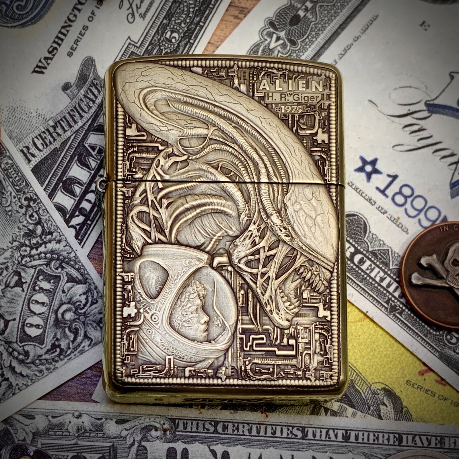 Zippo “Alien” (1979) Themed Brass Armor Lighter H.R. Giger Inspired Artwork