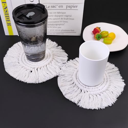 Handcrafted 2-Pack Boho Macrame Coasters, Super Absorbent Cotton Rope with