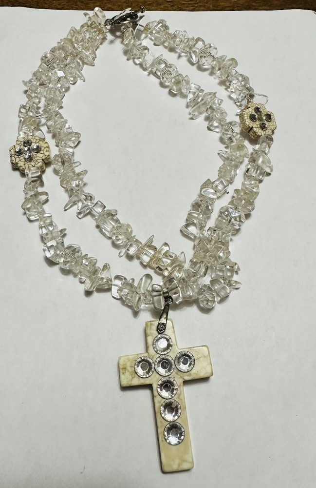 Vintage Rock Crystal Double Strand With Cross Rosary Or Necklace