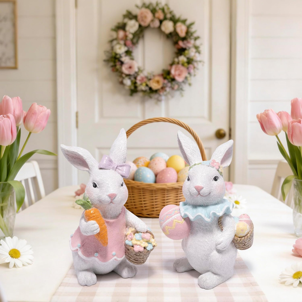 Easter Bunny Figurines Set, Spring Rabbit Decor with Easter Eggs Basket, Floral