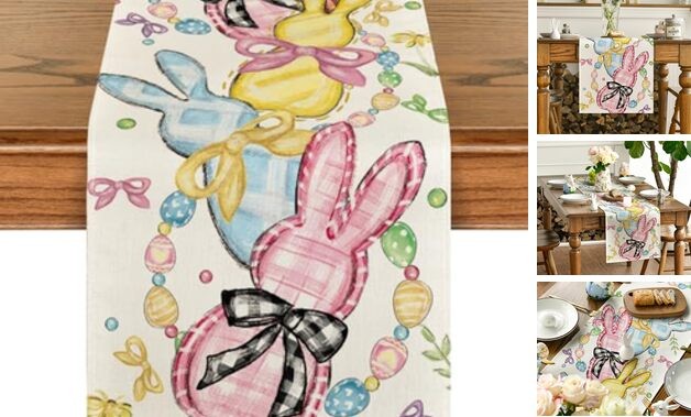 Floral Bow Bunny Rabbits Eggs Easter Table 13" x 60", Table Runner Beige