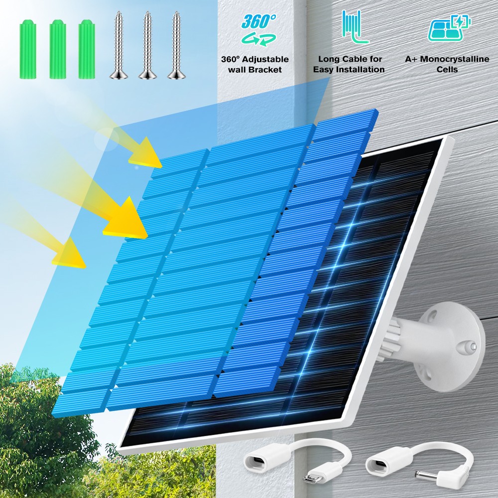 Solar Panel for Security Camera, 2 Pack 5W Solar Charger with Micro USB & USB-C