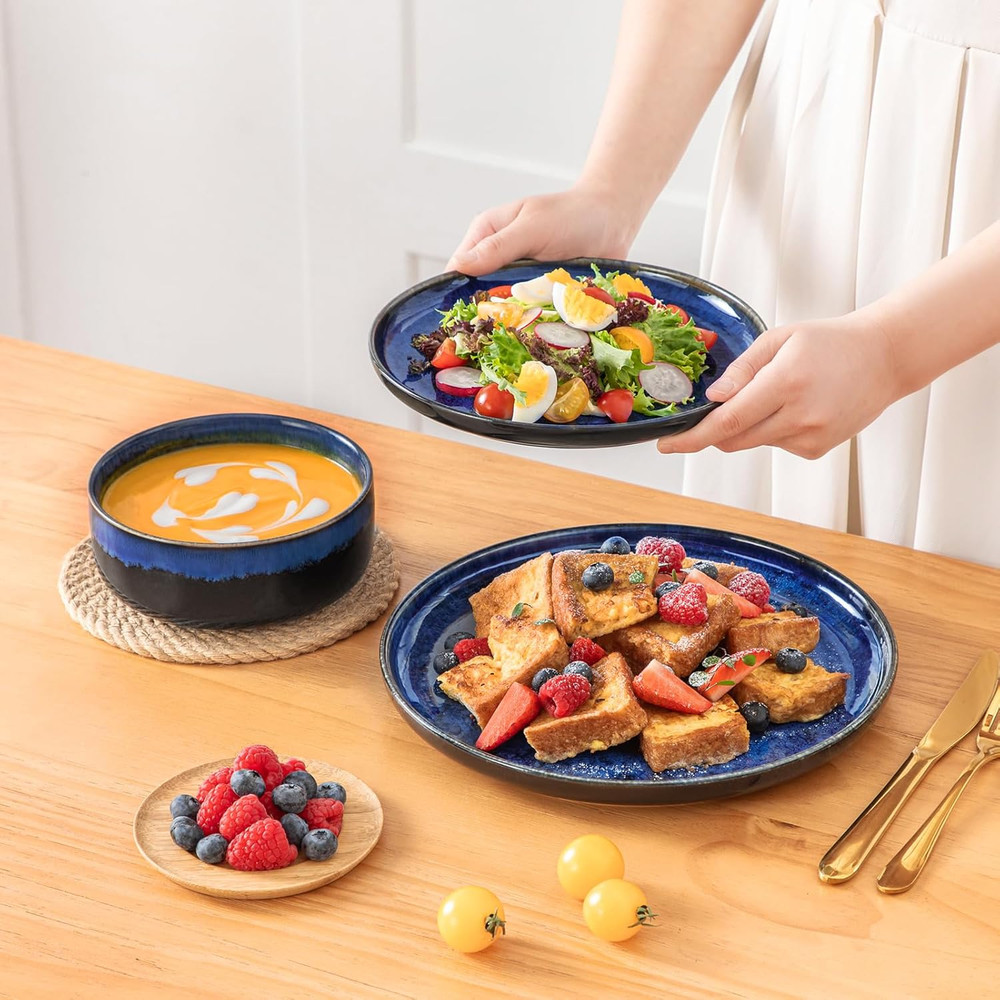 Starry 12 Pieces Dinnerware Sets for 4, Blue Reactive Glaze Dishes Sets, Ceramic