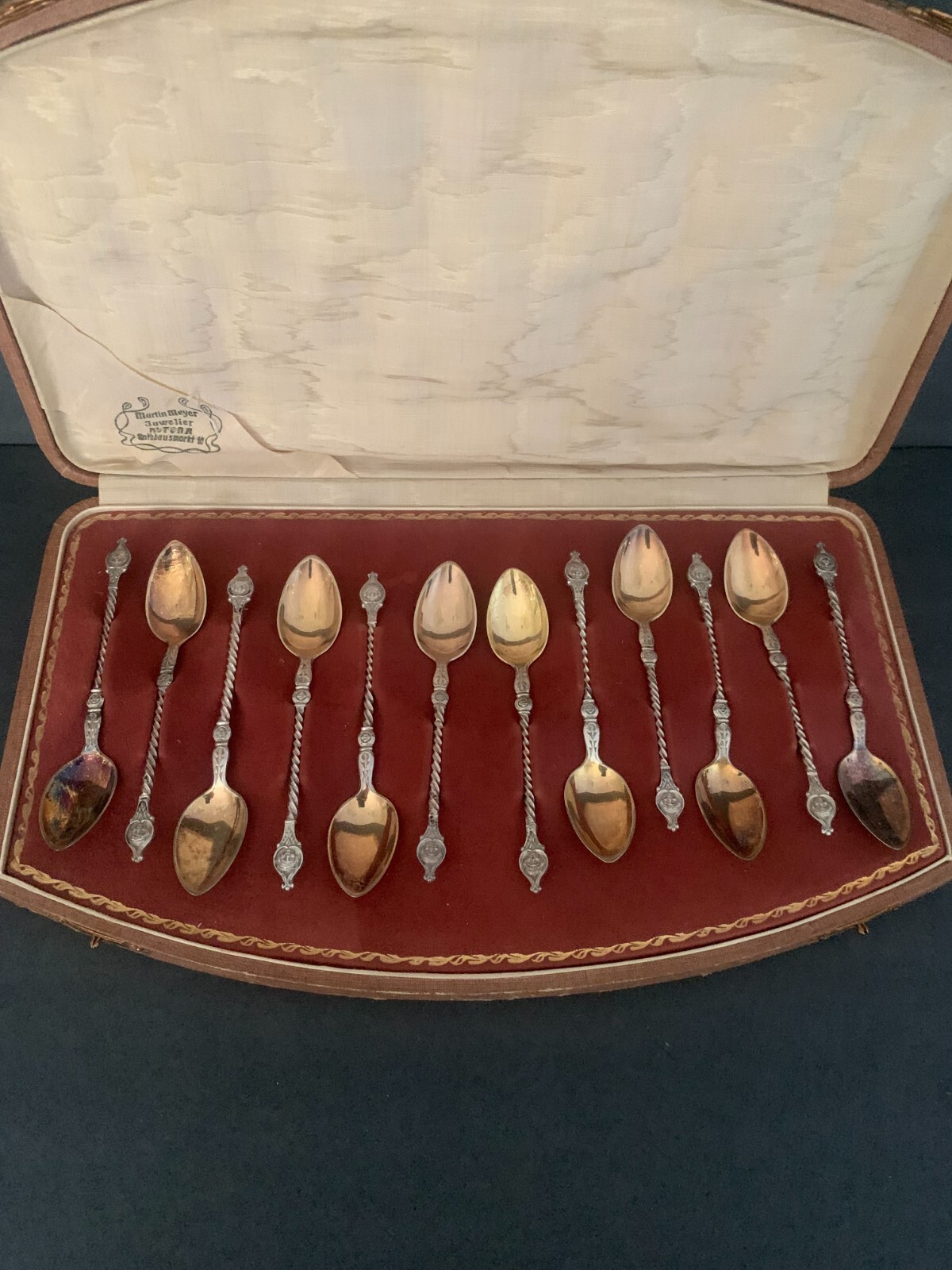 Antique Sterling Silver Set 12 box demitasse spoons Germany 13 mythic portraits
