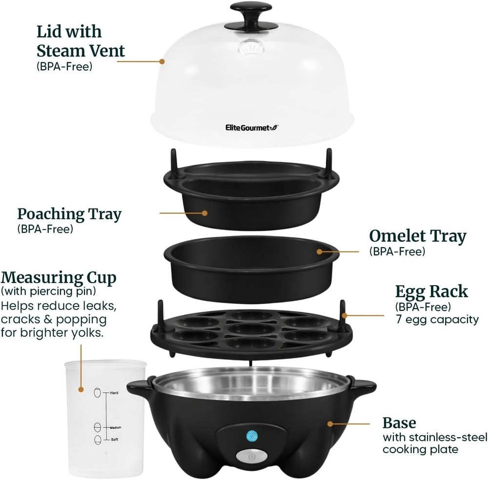 Versatile Egg Cooker - Make 7 Soft, Medium, Hard Boiled Eggs, Omelets & More