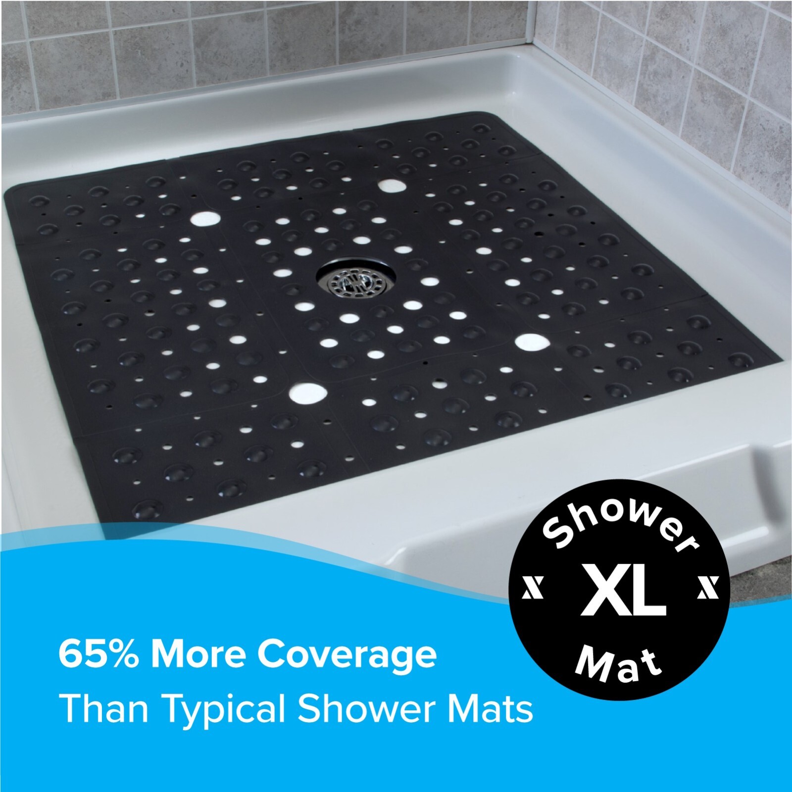 65% MORE COVERAGE! SlipX Solutions Solid Black Extra Large Shower Mat (27")