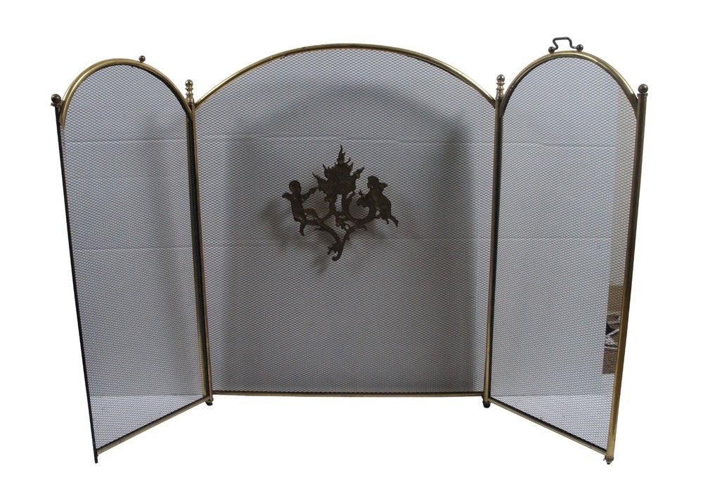 Antique Brass & Mesh 3 Panel Cherub Folding Fireplace Screen Hearthware 50"