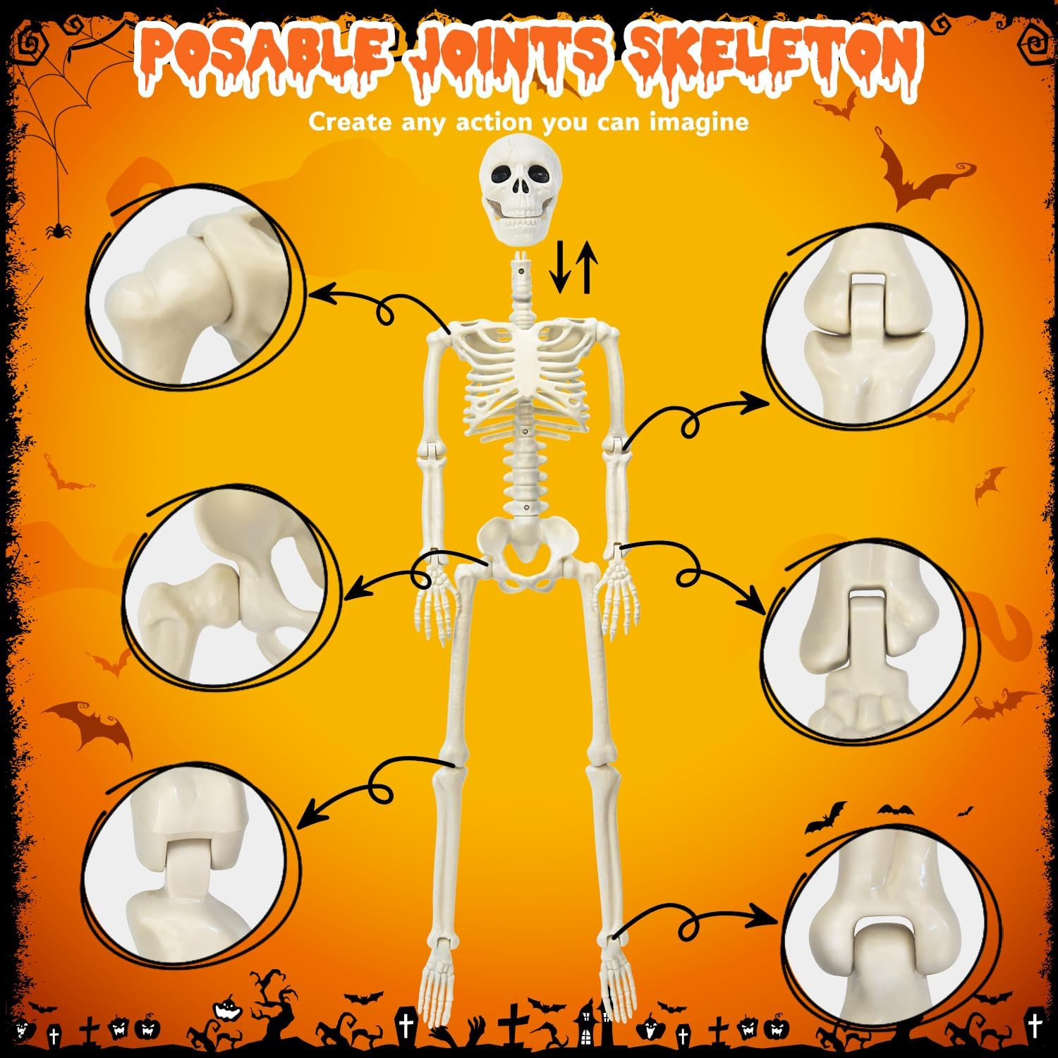 36" Skeleton Halloween Decorations, 3FT Posable Skeleton with Dog & Cat Skeleton